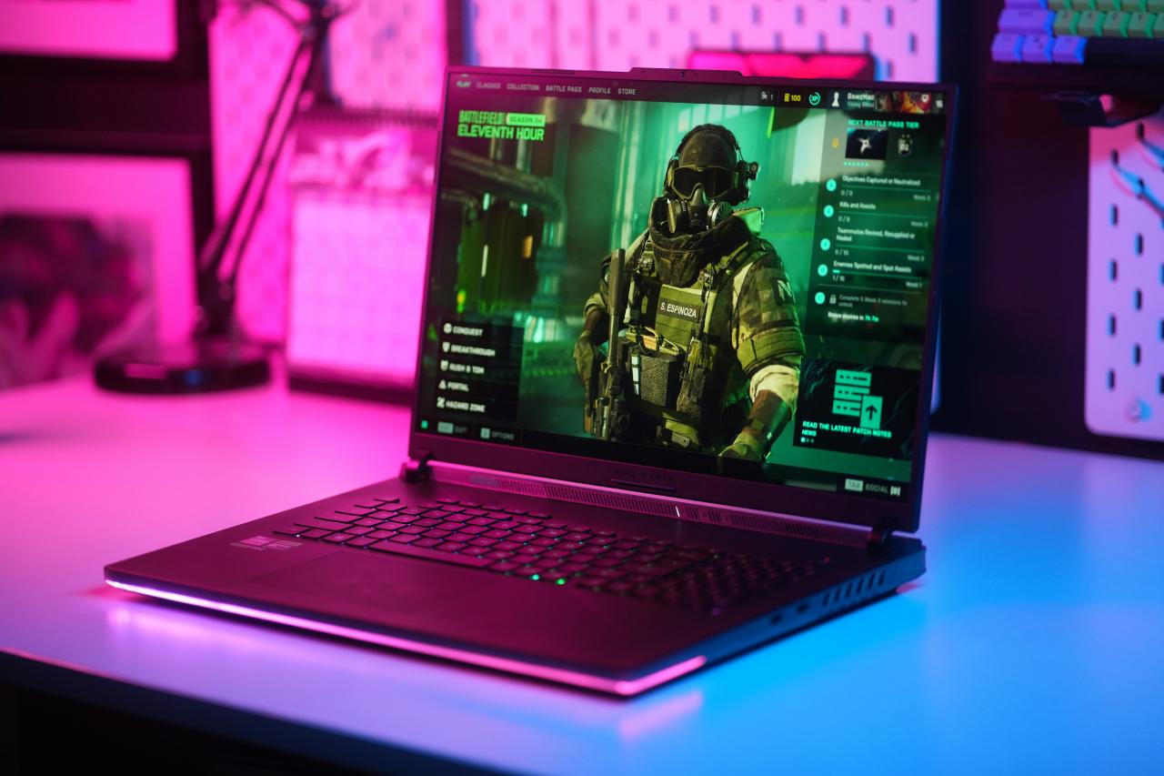 Gaming laptop displaying a first-person shooter game